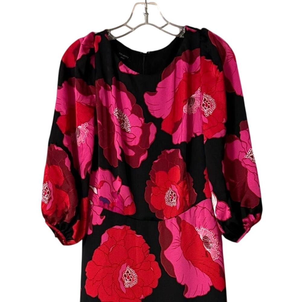 Talbots Black Pink Red Floral Midi Dress Balloon Sleeve Zip Back Size 6 Feminine - Picture 4 of 8